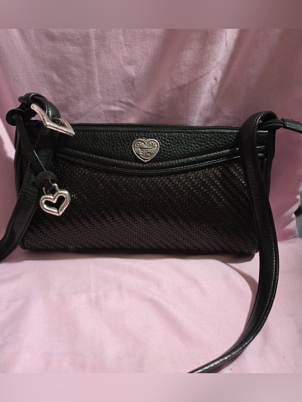 Brighton black crossbody handbag mixture of textures signature silver-tone heart